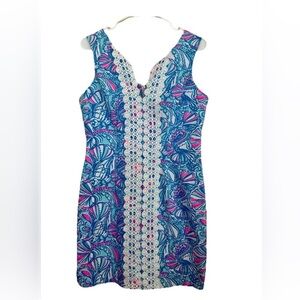 Lilly Pulitzer Blue Pink Paisley Midi Dress with White Lace Trim